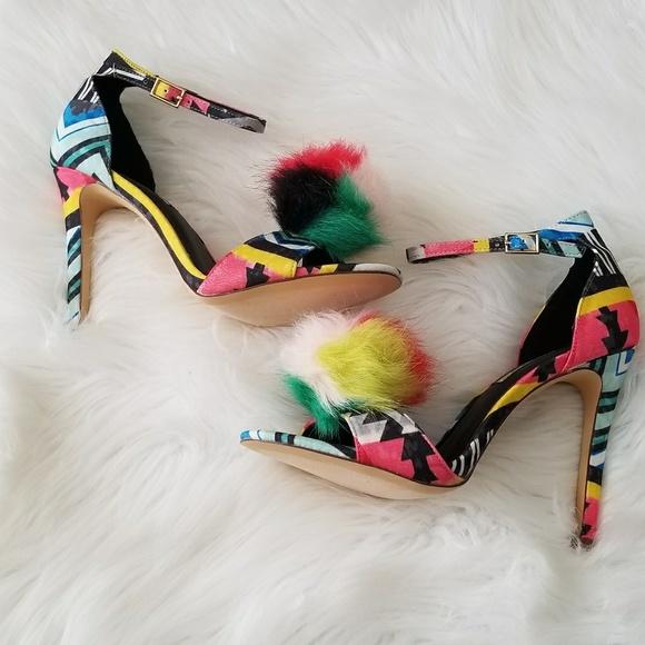 Shoes - Tribal Print Pom Pom Heels